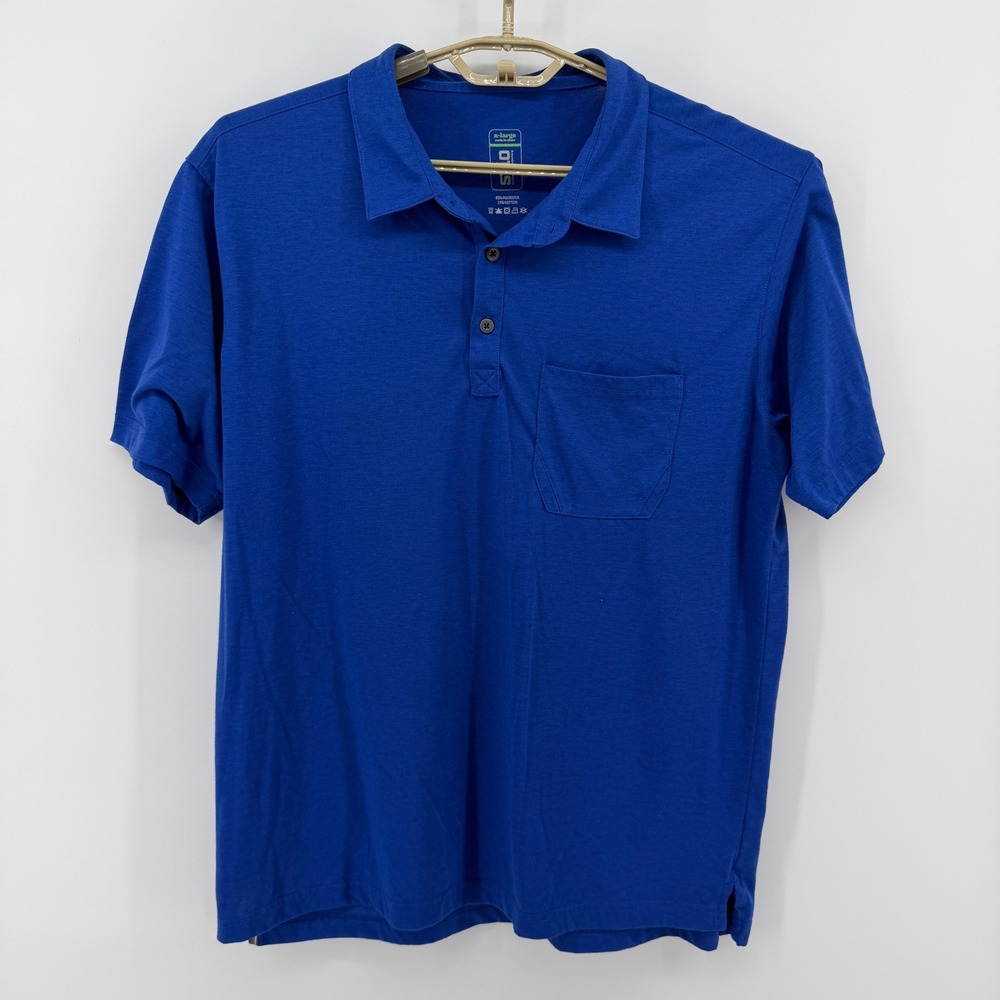 Stio Mens XL Blue Short Sleeve Pocket Polo Shirt Jackson Hole Wyoming Pinecone